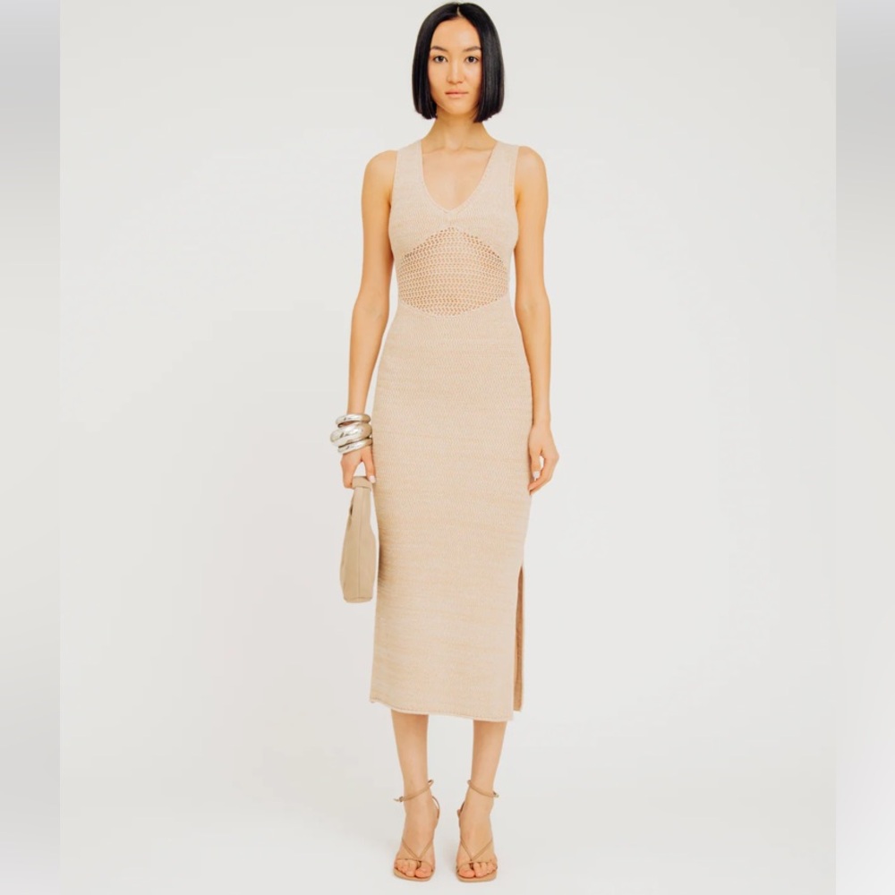 Ronny Kobo REVOLVE Cream Sand Knit crochet Cut-Out Sheer High Slit Midi Dress S